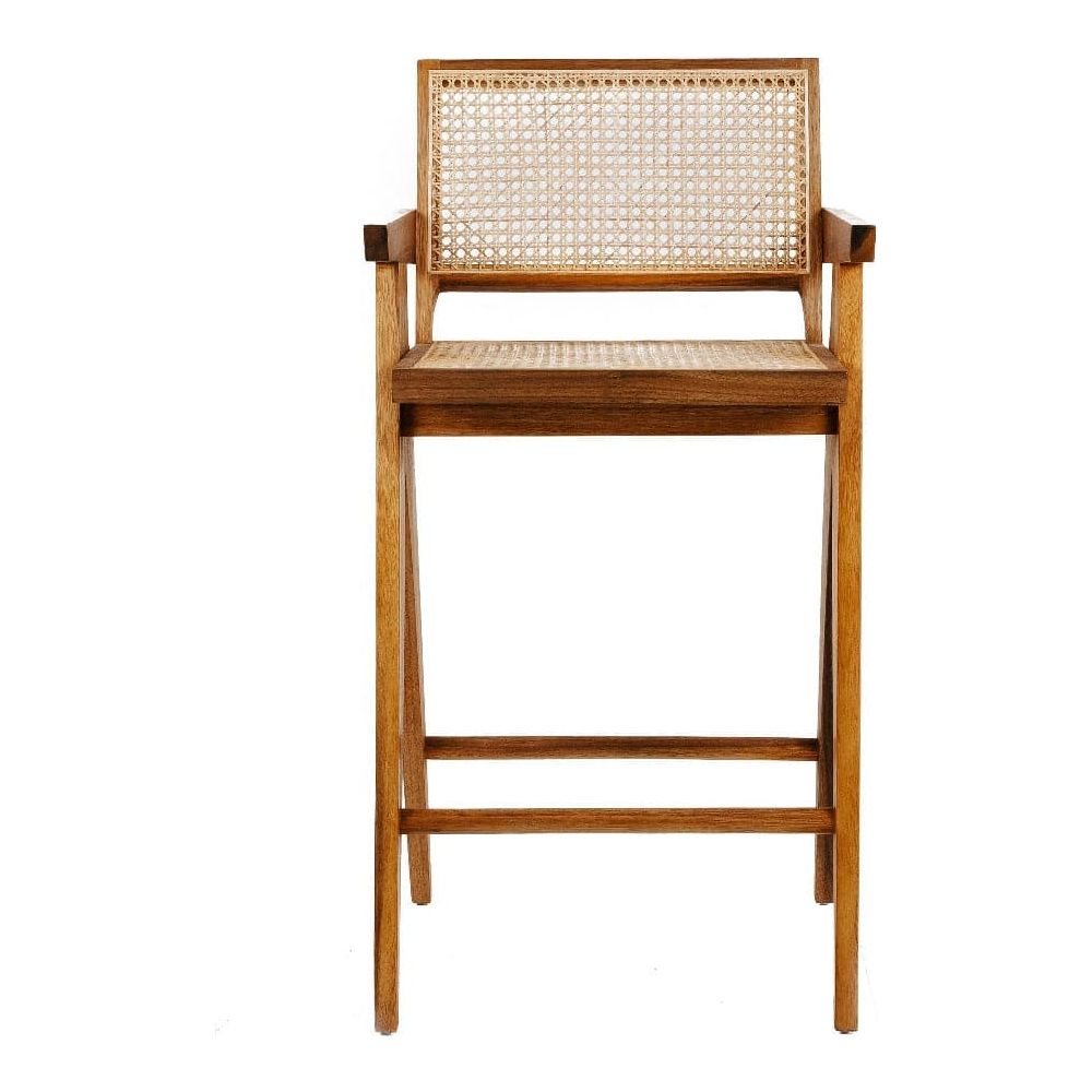 Jeanneret Barstool With Arms Hand Caned Seat and Back-France & Son-FL1325NTRL-Bar StoolsBar Stool-3-France and Son