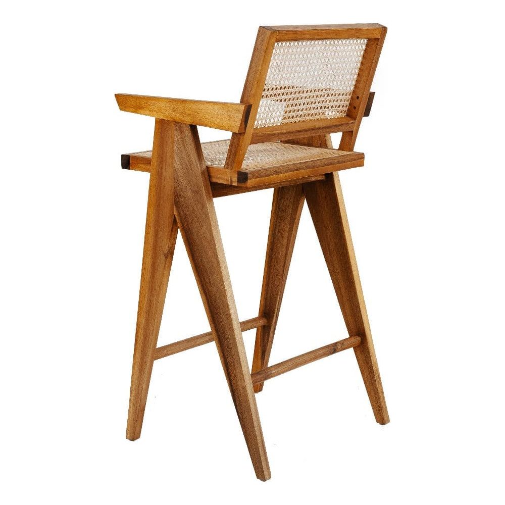 Jeanneret Barstool With Arms Hand Caned Seat and Back-France & Son-FL1325NTRL-Bar StoolsBar Stool-2-France and Son