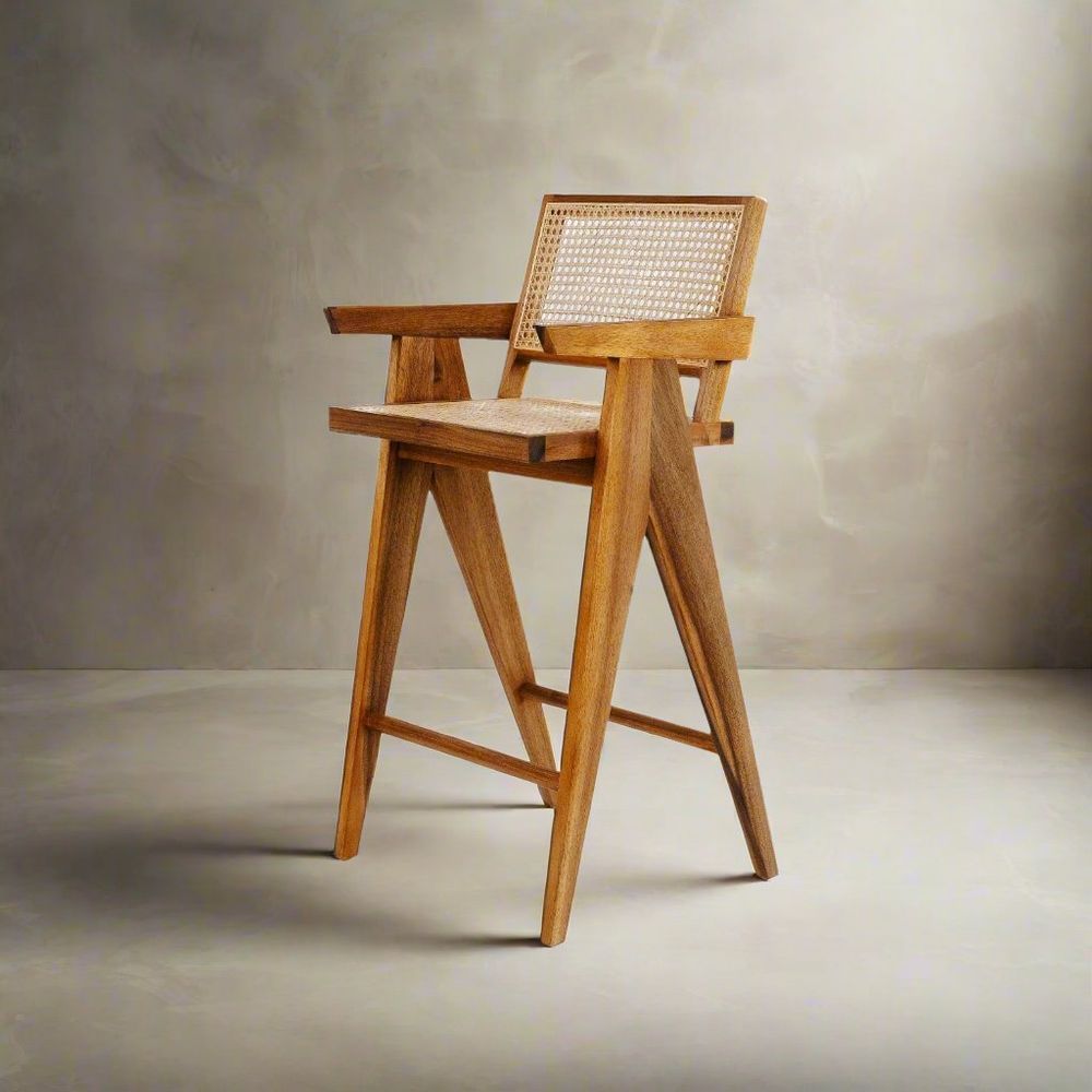 Jeanneret Barstool With Arms and Back-France & Son-FL1325NTRL-Bar StoolsBar Stool-1-France and Son