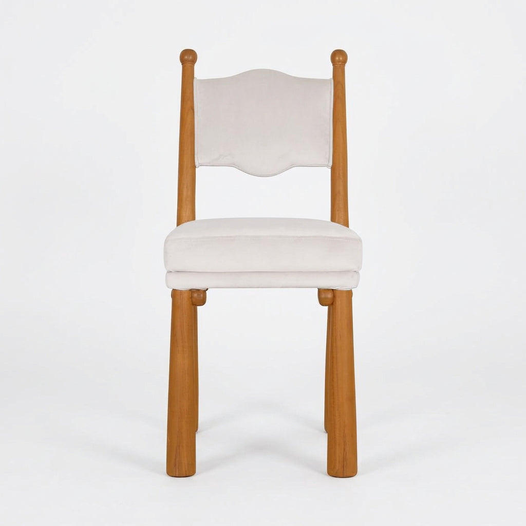 Lisa Dining Side Chair, shown in warm honey oak and ivory white with solid wood, upholstery fabric, and armless open sides.