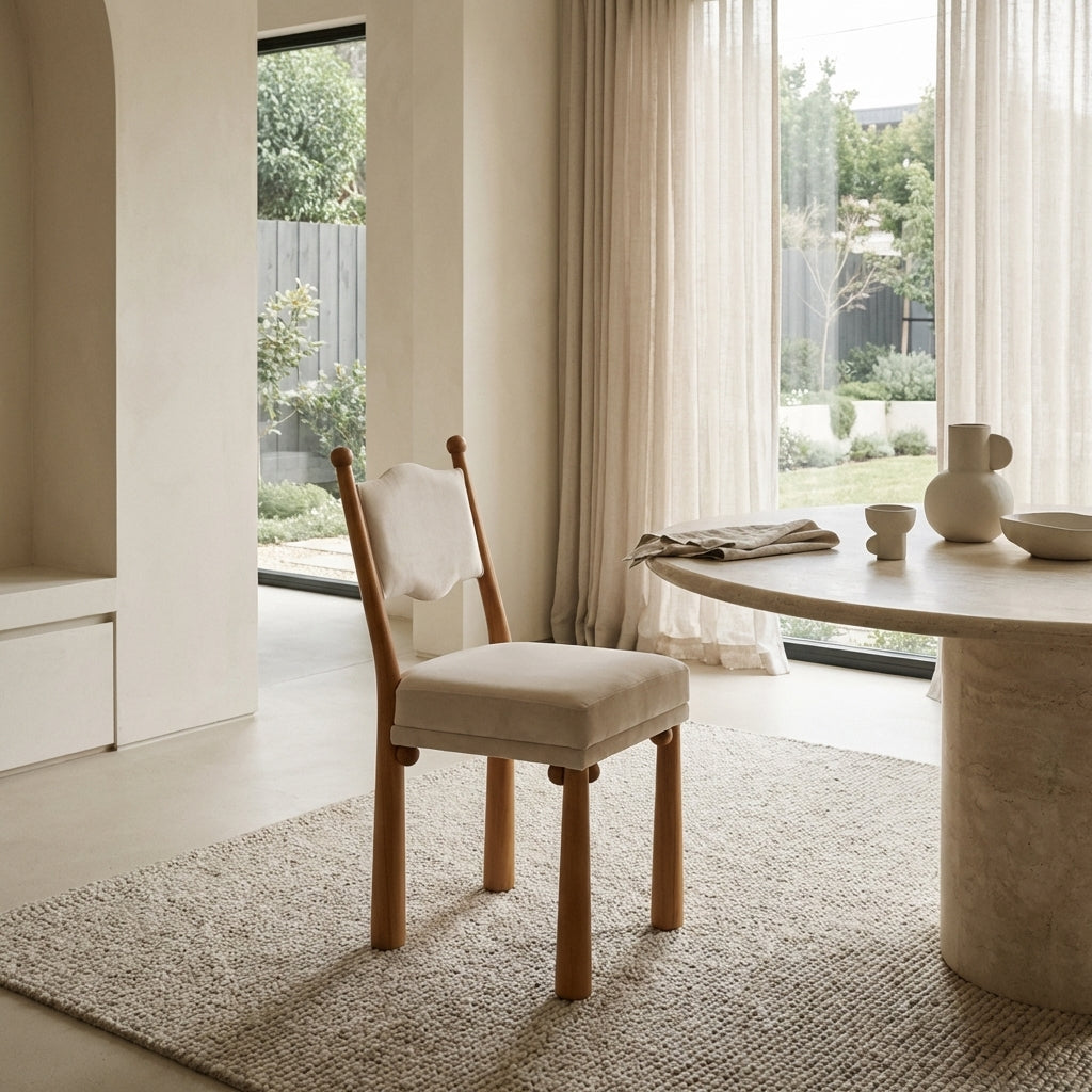 Alternate view of Lisa Dining Side Chair, featuring solid wood, upholstery fabric, and armless open sides.