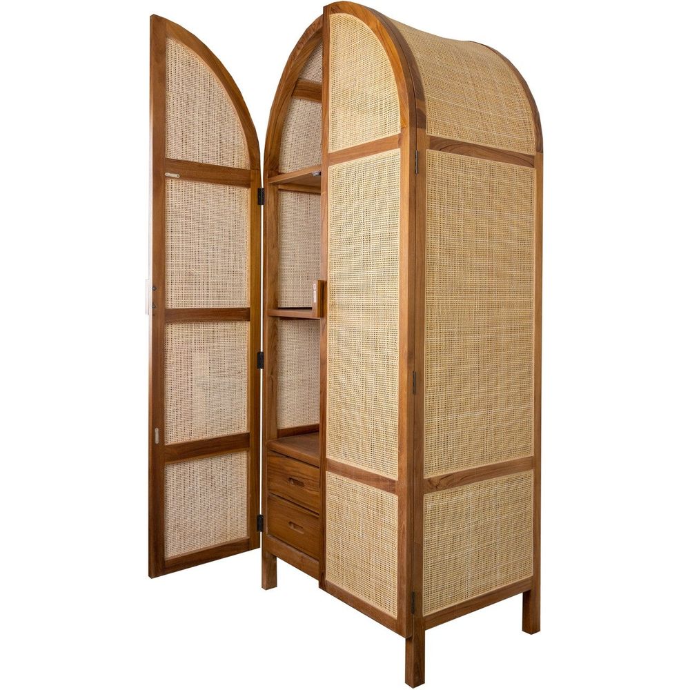Lemari Teak and Cane Arched Armoire