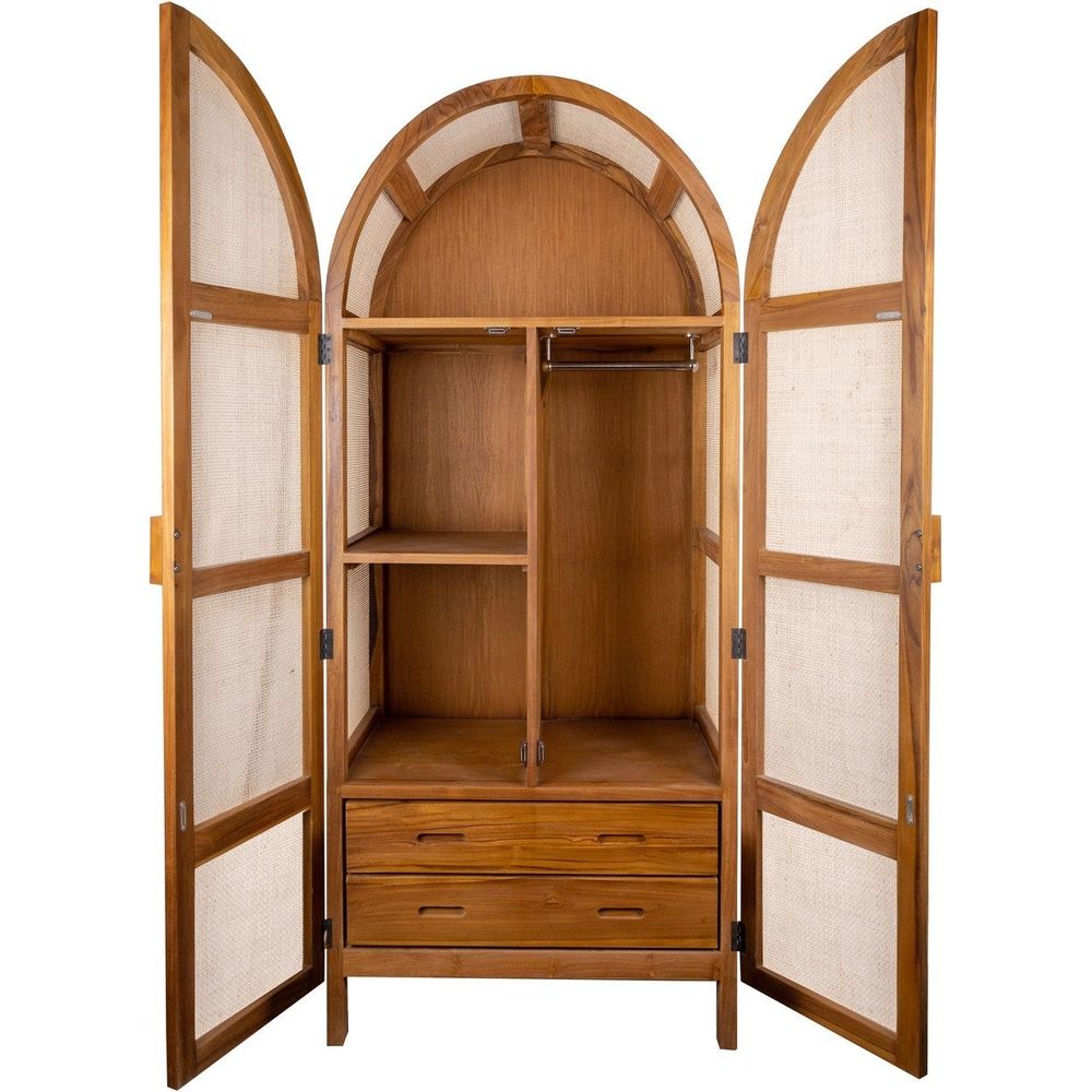 Lemari Teak and Cane Arched Armoire