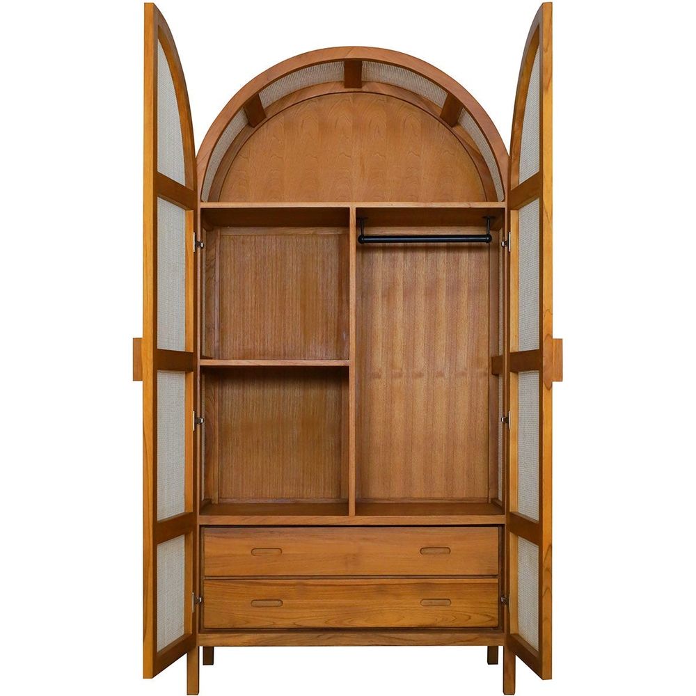 Lemari Teak and Cane Arched Armoire