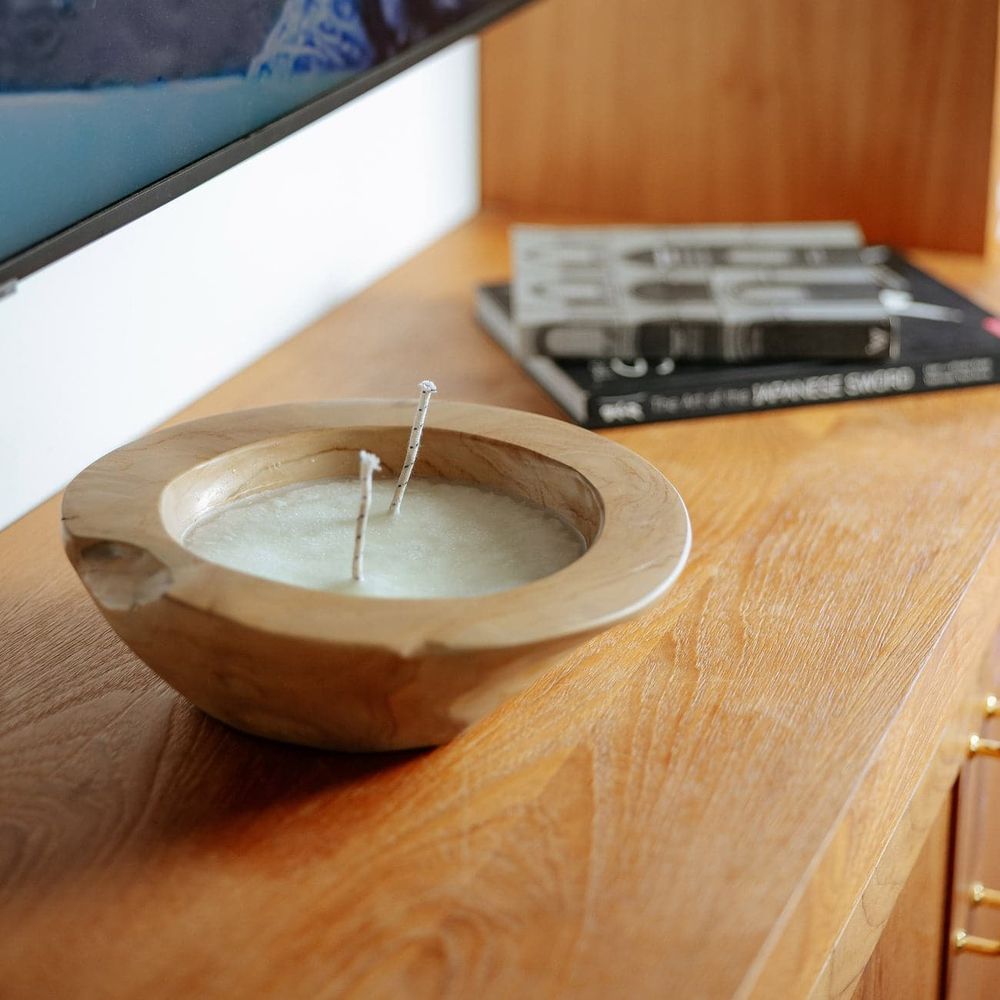 Nuphar Organic Teak Scented Candle Bowl - Ivory-France & Son-FL9012WHTS-LAVENDER-Decor12" Diameter-Lavender-2-France and Son