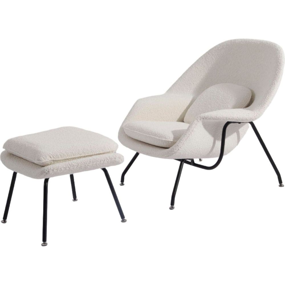 Womb Chair and Ottoman-France & Son-FYC0781OWHT-Lounge ChairsOff White Boucle / Black Frame-9-France and Son