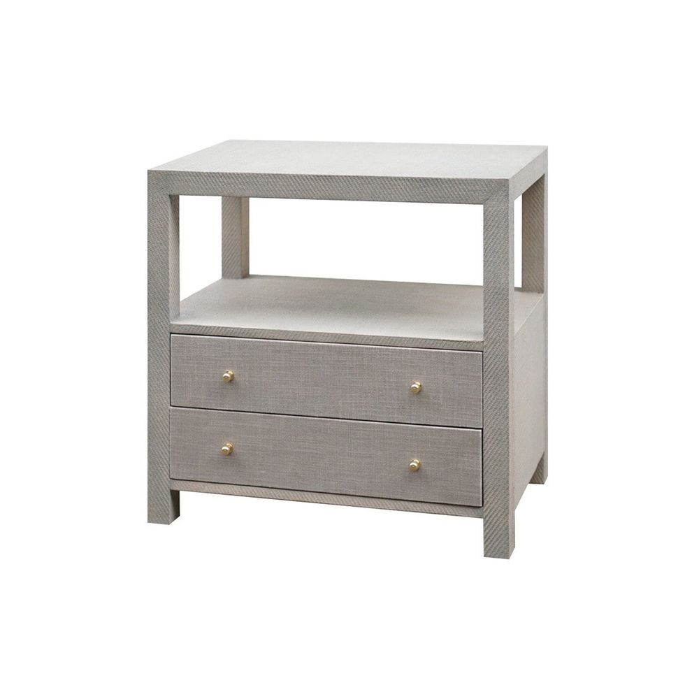 Side Tables Hattie - Two Drawer Side Table In Grey Grasscloth With Grey Linen Drawers And Brass Hardware