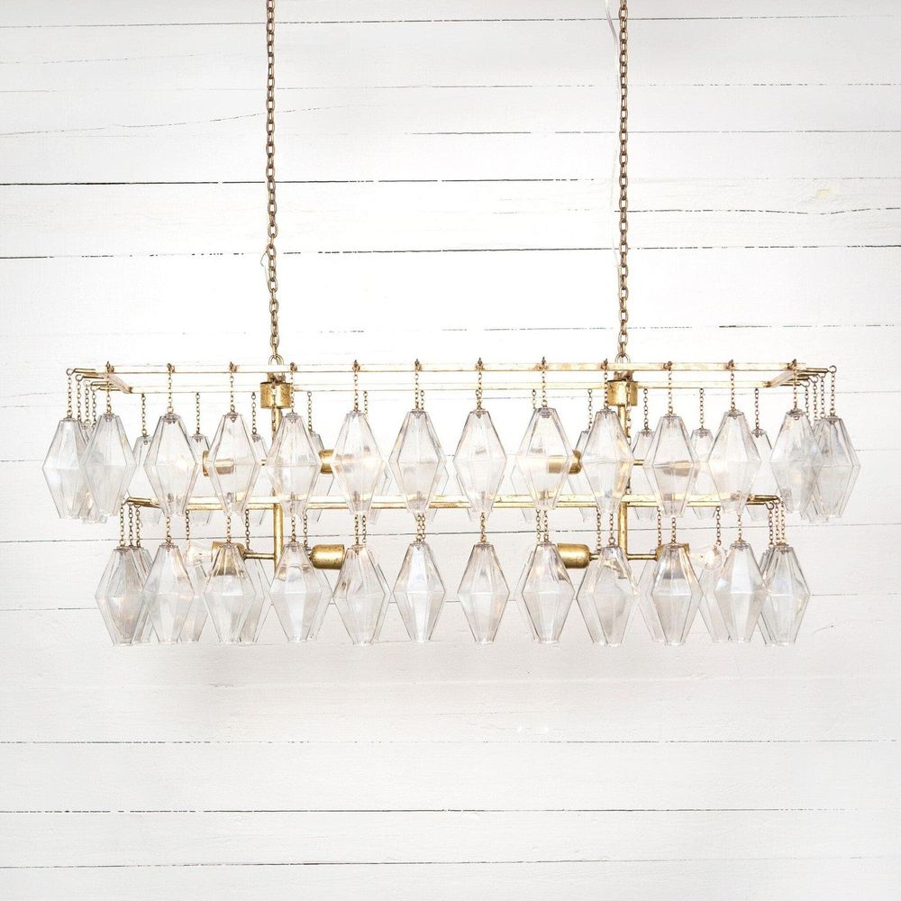 Rosalind Rectangular Chandelier, shown in clear and gold with glass, iron, and chain-hung ceiling suspension.