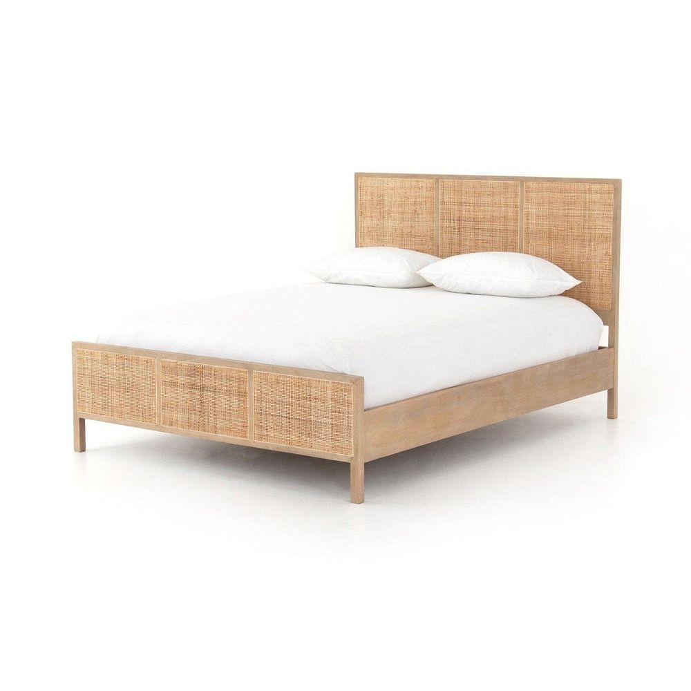 Additional view of Loraine Bed in natural light wood and honey cane, featuring a platform bed frame.