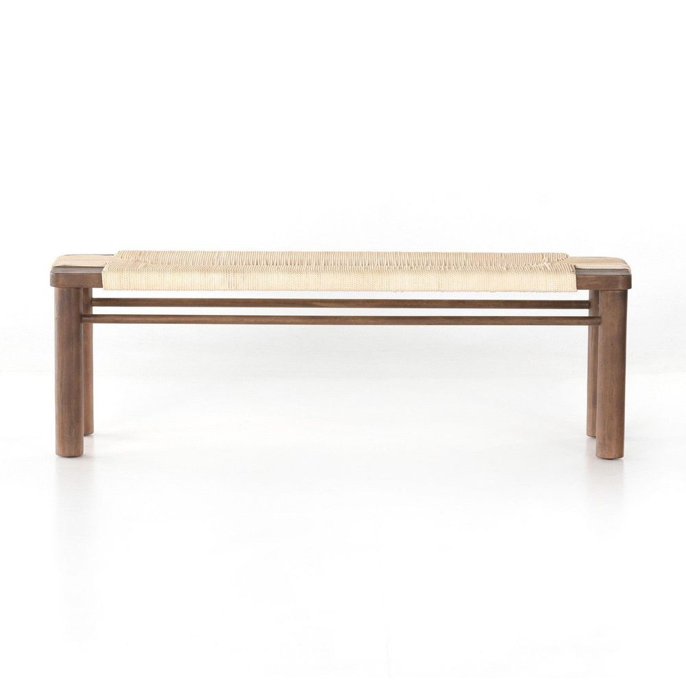 Shona Bench, shown in warm brown and natural beige with solid wood, woven rope, and backless armless bench seating.