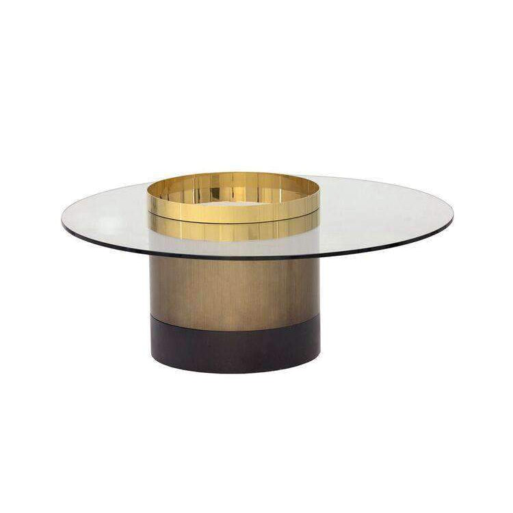 Haru Coffee Table, shown in brushed gold and clear glass with glass, metal, and round glass tabletop.