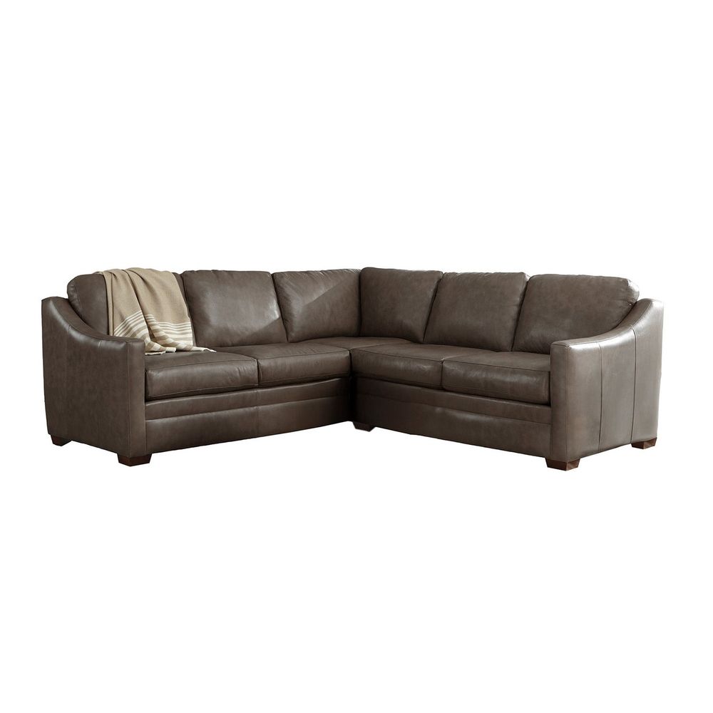 Eclipse L Corner Sectional, shown in taupe-brown and gray-brown with leather, wood, and l-shaped corner configuration.