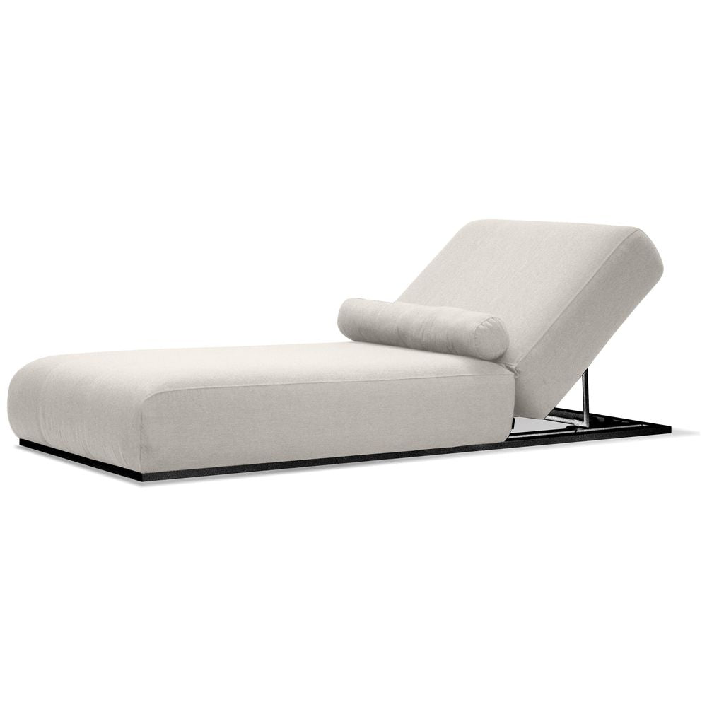 Bondi Lounger Chair Warm Ivory Sunbrella Fabric Black Aluminum Frame in warm ivory and off-white.