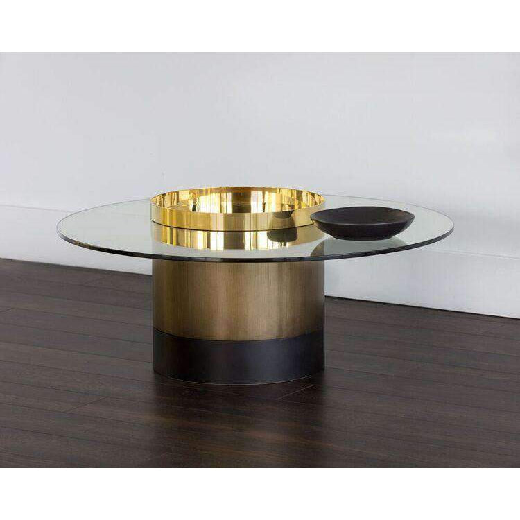 Additional view of Haru Coffee Table in brushed gold and clear glass, featuring matte finish and round glass tabletop.