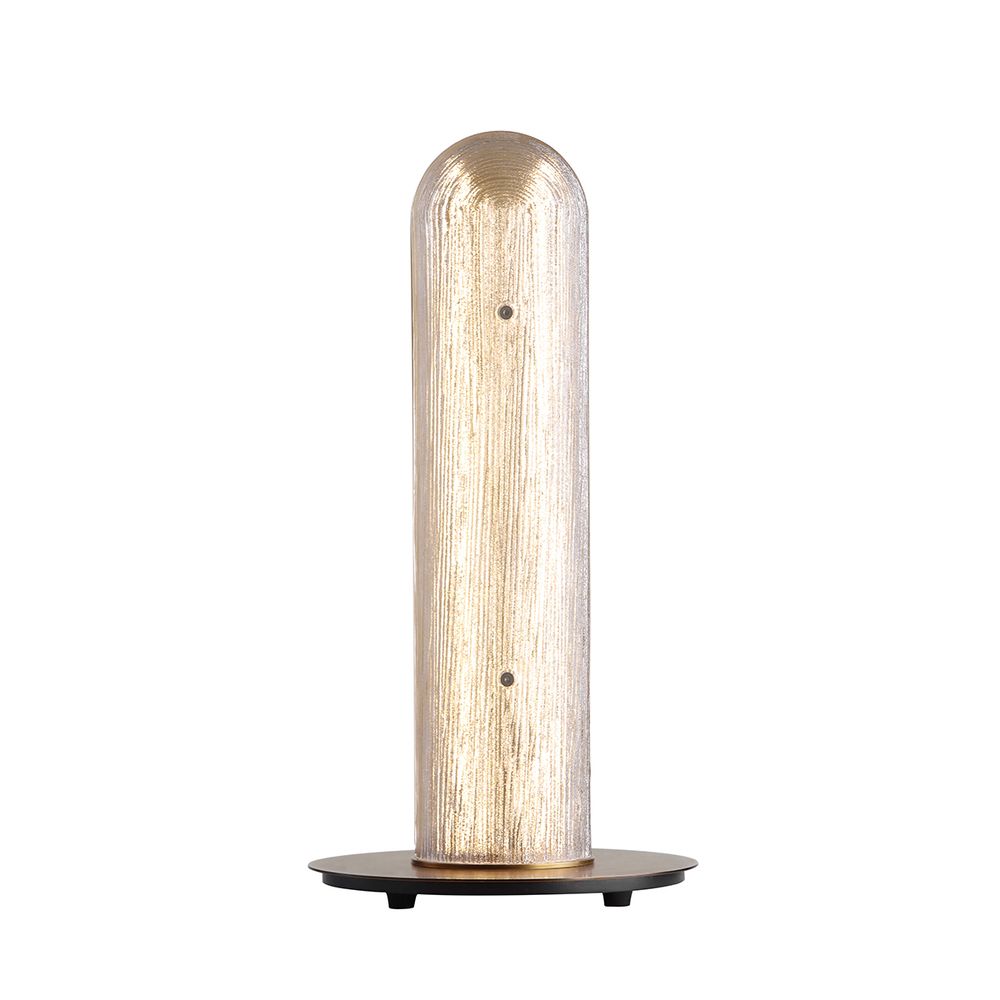 Zalla Tubular Table Lamp, shown in warm amber and champagne gold with textured glass and metal.