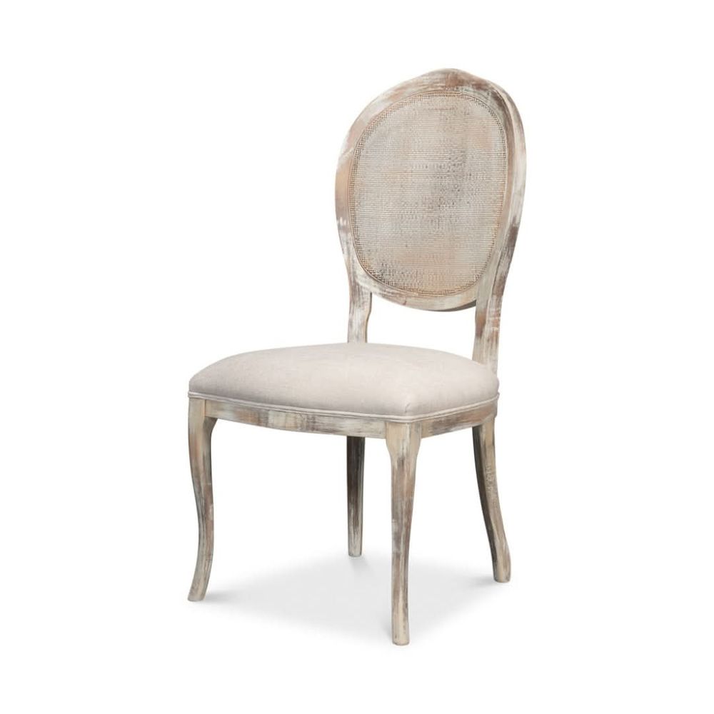 Additional view of Oval Cane Back Side Chair in cream and beige, featuring distressed paint and armless side chair.