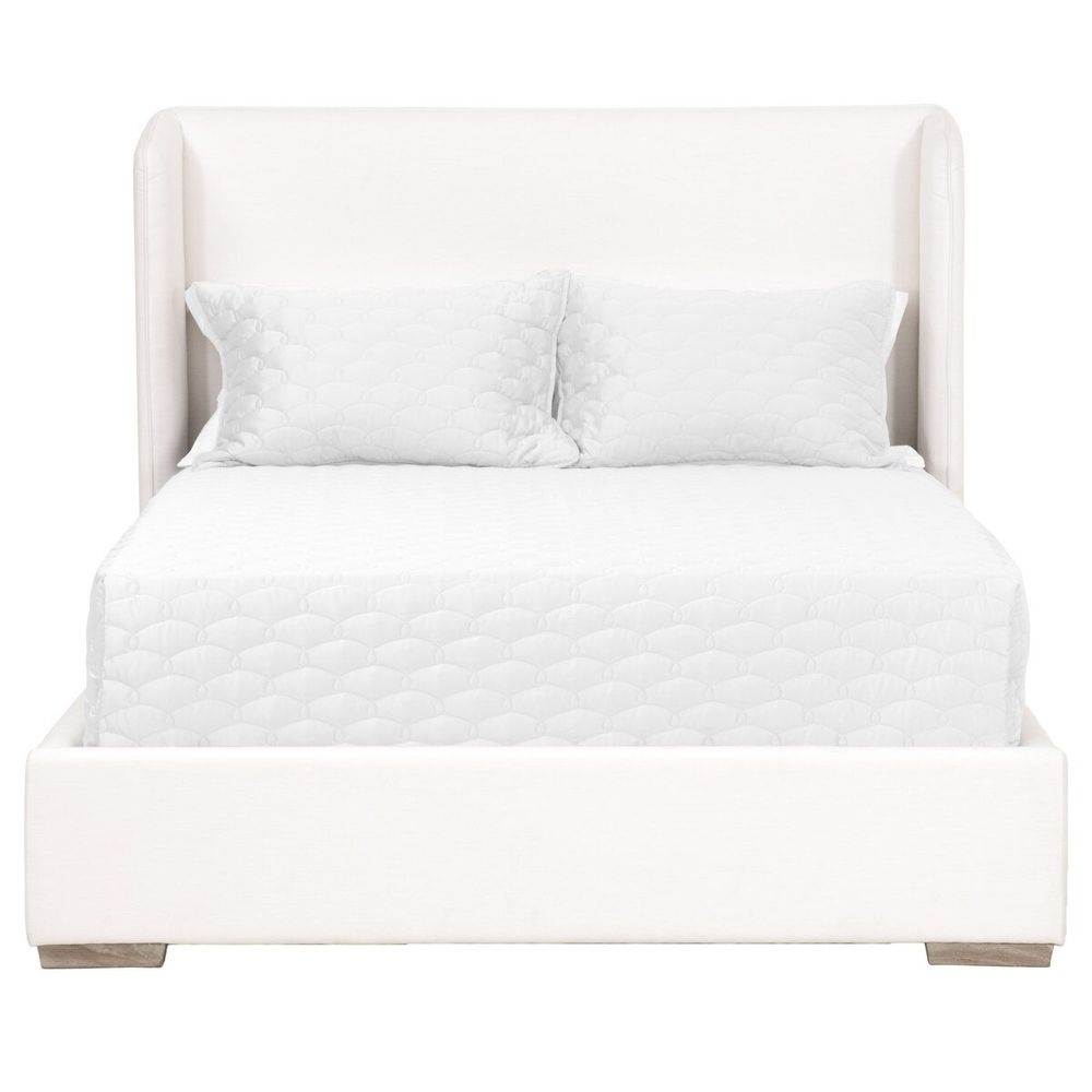 Stewart Bed, shown in white and ivory with upholstery fabric, wood, and a integrated upholstered platform base.