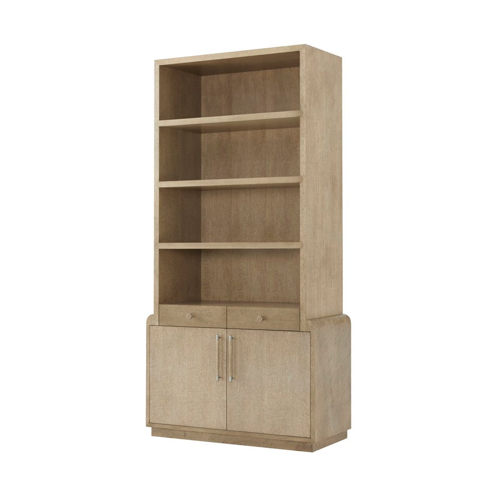 Additional view of Origins Bookcase in light beige and warm taupe, featuring matte finish and three open upper shelves.