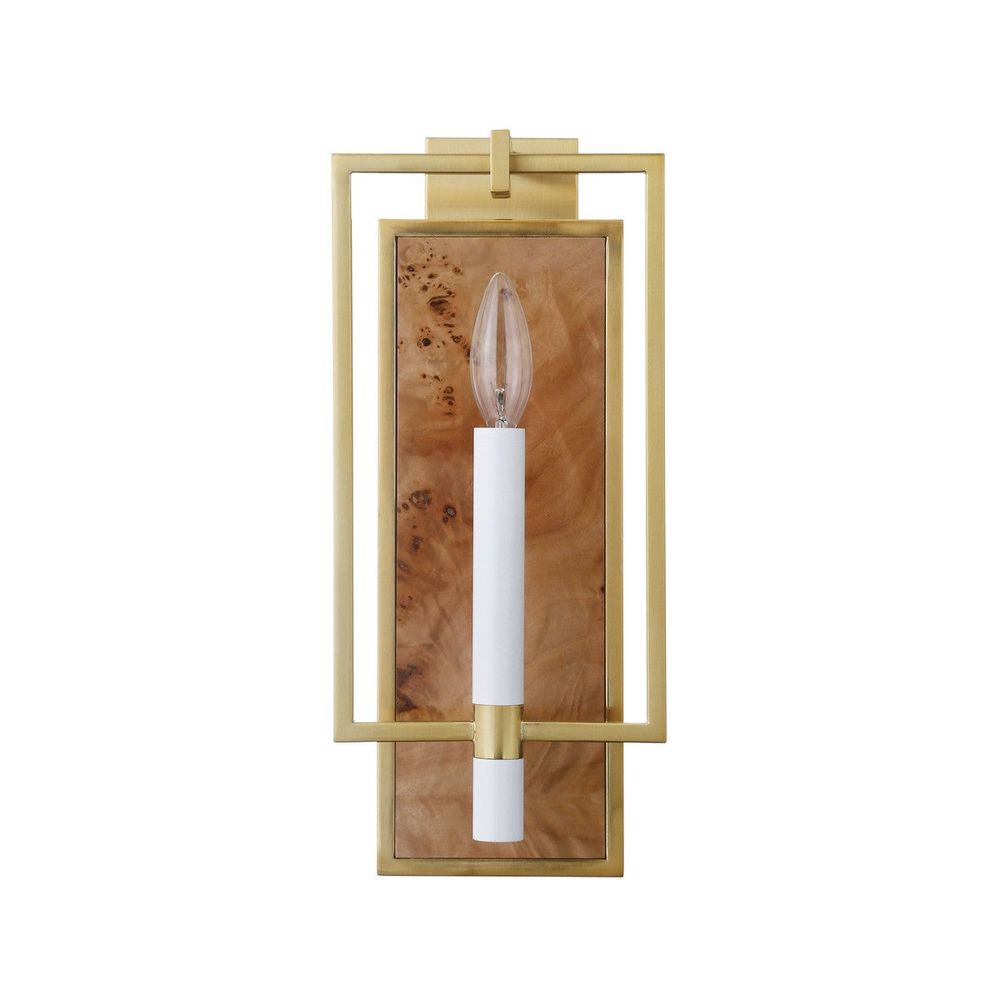 Wall Lighting Taurus - Candlestick Sconce With Rectangular Burl Wood Backplate And Open Brushed Brass Rectangle Frame