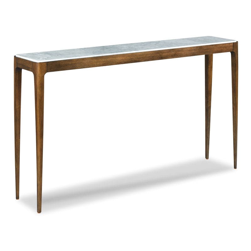 Jude Hall Table, shown in warm brown and white with wood, marble, and a long narrow console surface.
