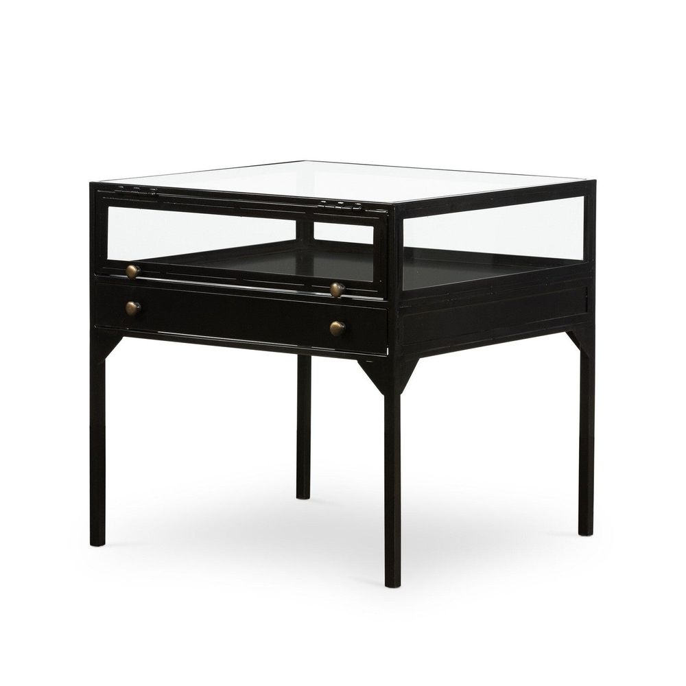 Additional view of Augustus End Table in black and clear, featuring antique brass finish and a tempered glass top surface.