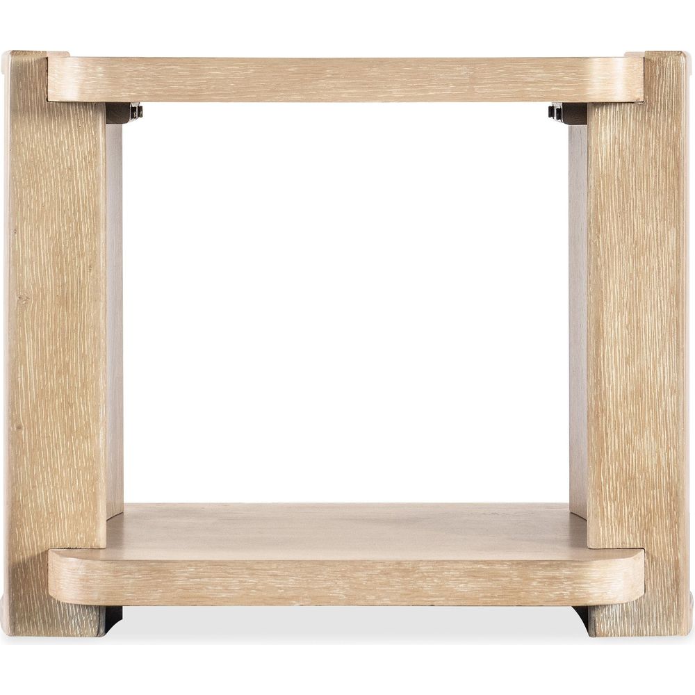 Retreat End Table, shown in light natural wood and beige with wood and open lower shelf storage.
