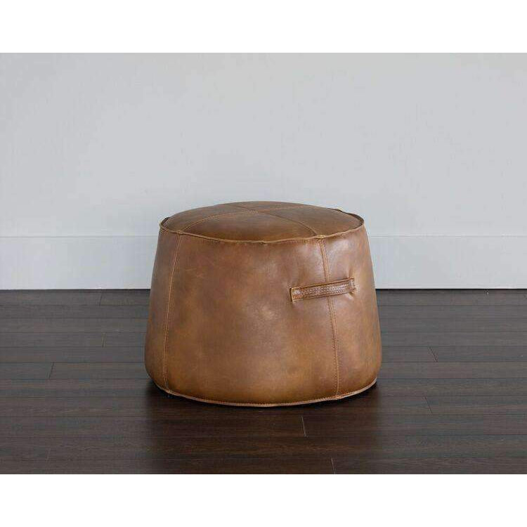Additional view of Mitchell Ottoman in tan and cognac brown, featuring distressed and side carry handle.