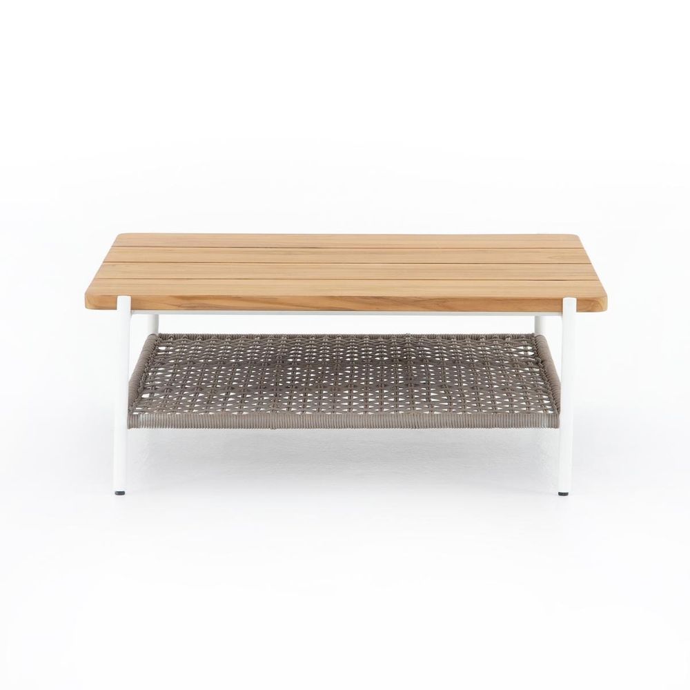 Arlo Outdoor Square Coffee Table, shown in natural light wood and white with teak wood and powder-coated metal.