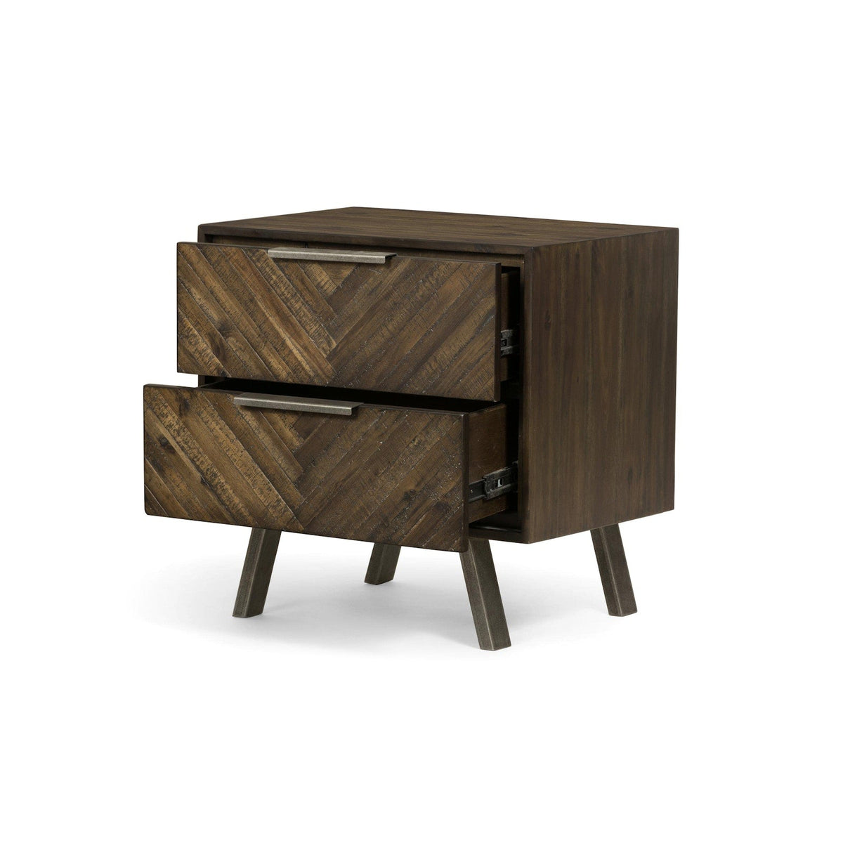 Close-up of the Harrington Nightstand chevron wood pattern and weathered-pewter drawer pulls