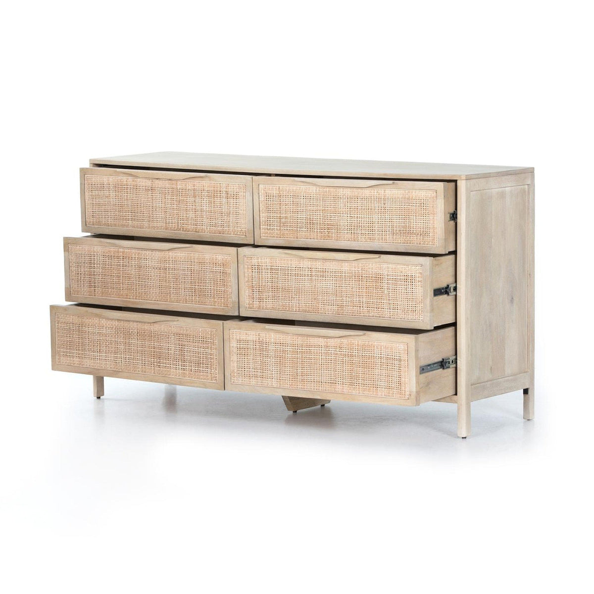 Close-up of the Sydney dresser woven cane drawer fronts and natural mango wood frame