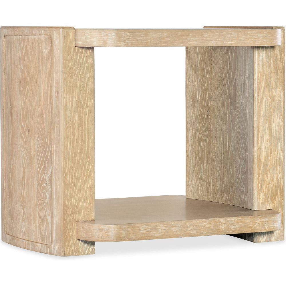 Additional view of Retreat End Table in light natural wood and beige, featuring matte finish and open lower shelf storage.