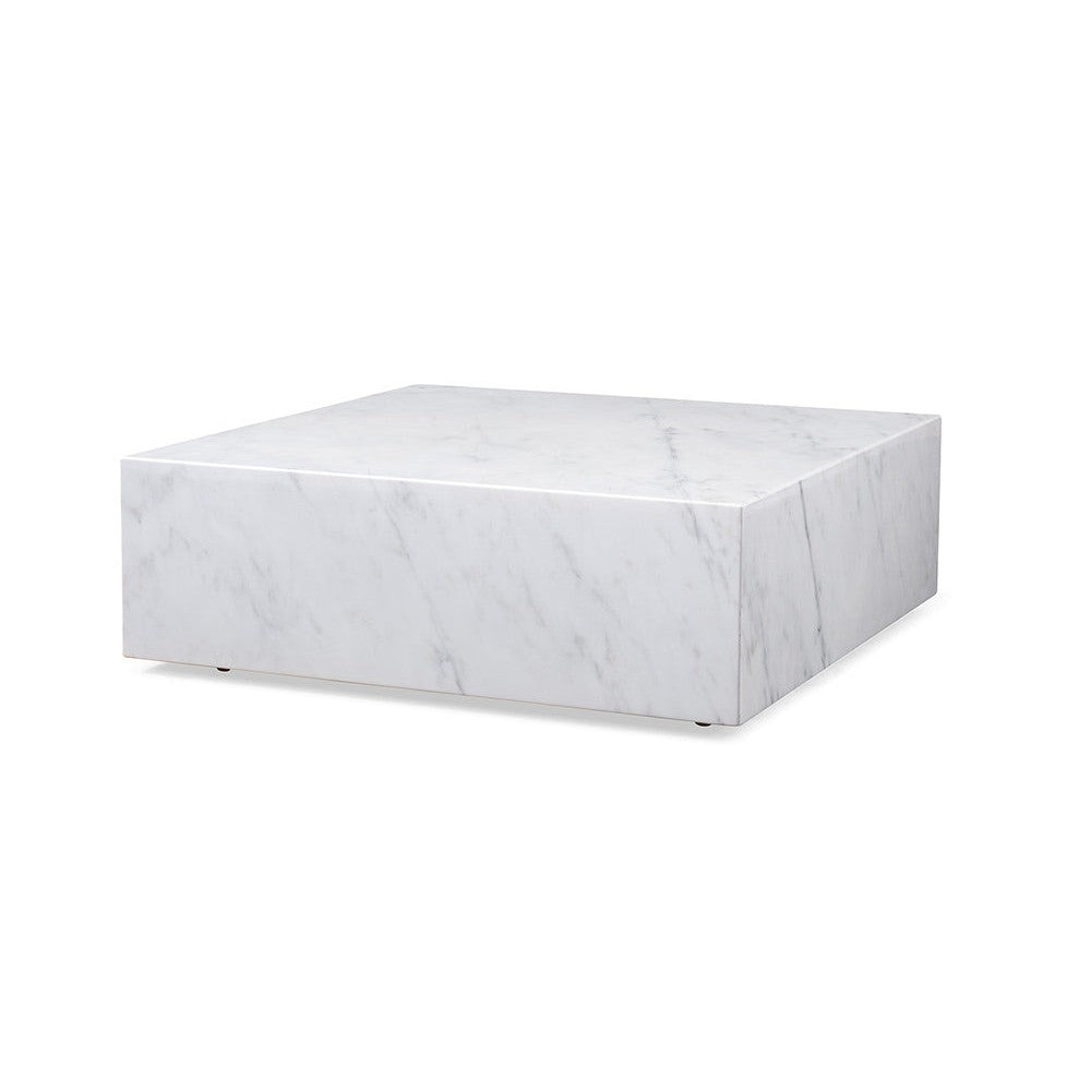 Cube Square Coffee Table, shown in white and black with marble and a solid plinth base.