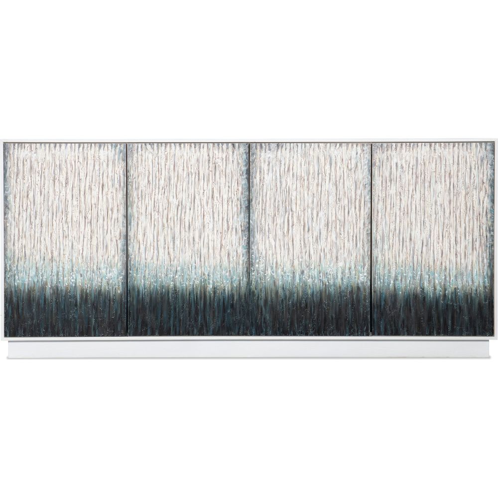 Melange Mediterranean Entertainment Credenza, shown in ivory and silver-gray with wood and wood veneer.