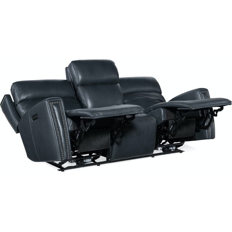 Celeste Zerog Power Sofa W/Ph & Hidden Console, shown in blue-gray and slate blue with leather and metal.
