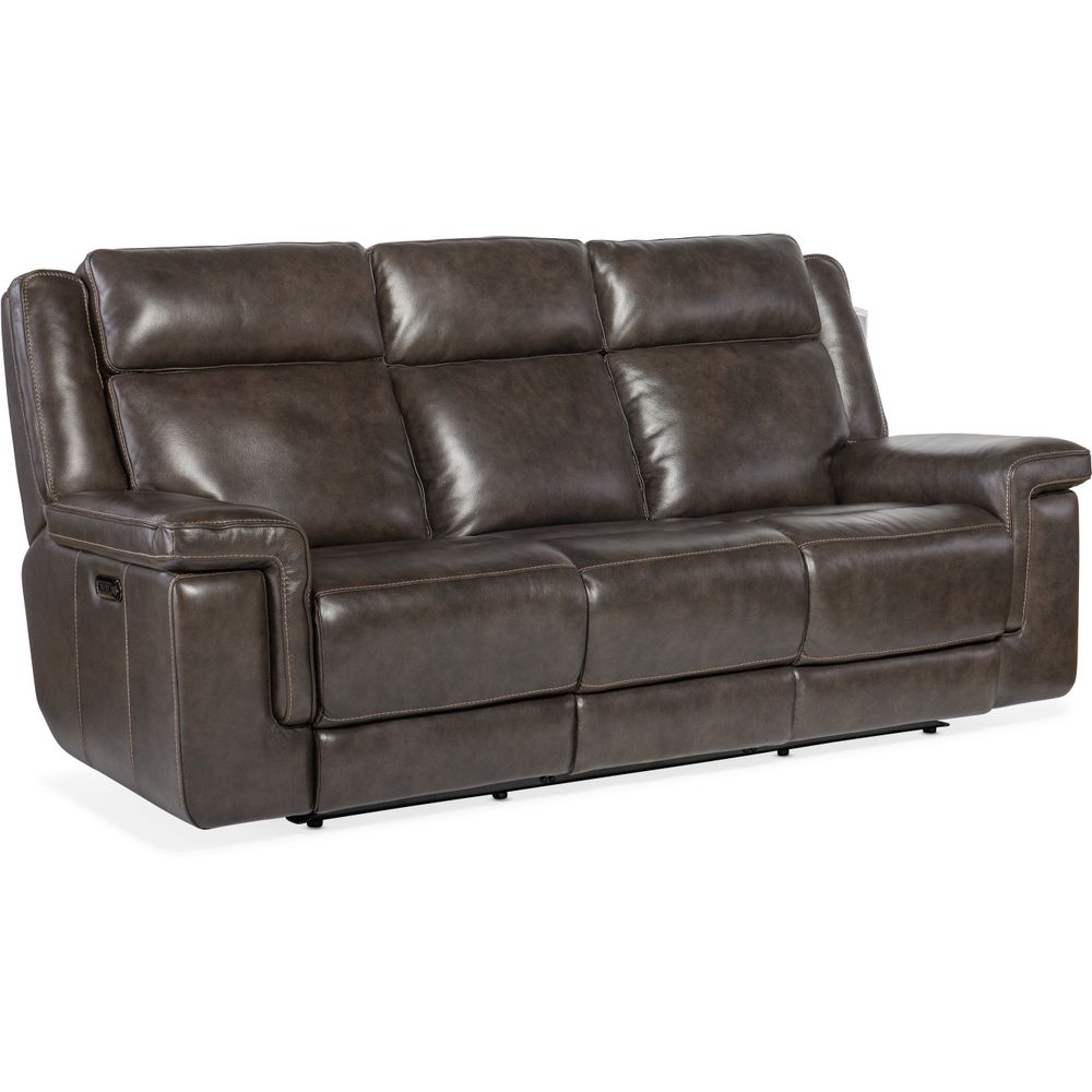Montel Lay Flat Power Sofa with Power Headrest & Lumbar, shown in dark brown with leather and metal.
