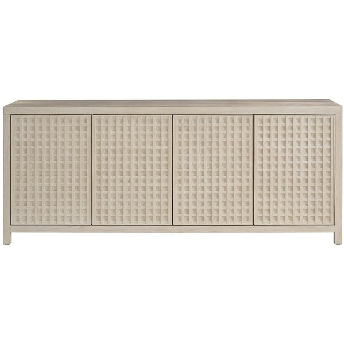 Universal Furniture River Rock Credenza front view with four latticework doors