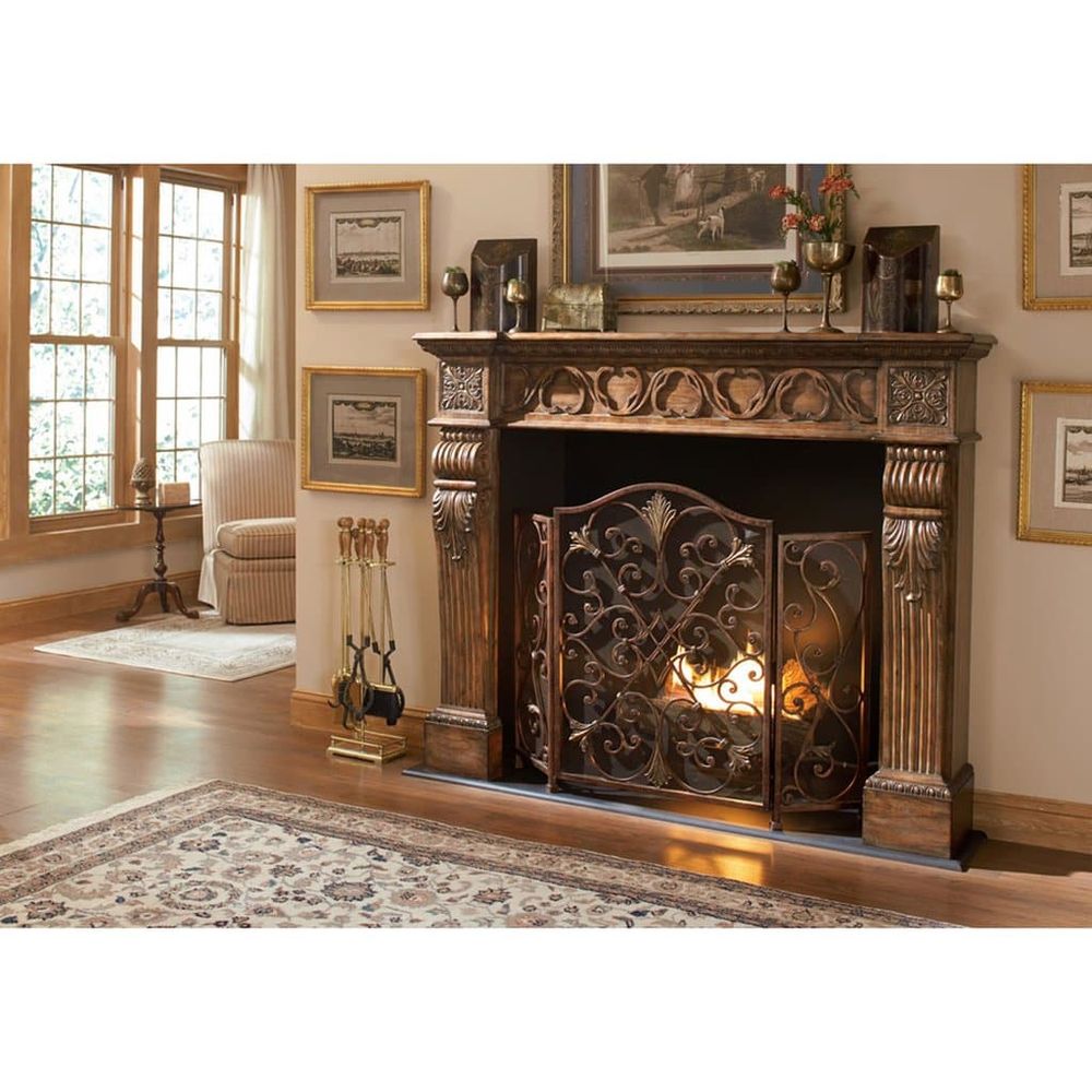 Additional view of Rockefeller 3-Panel Fireplace Screen in antique bronze and warm gold.