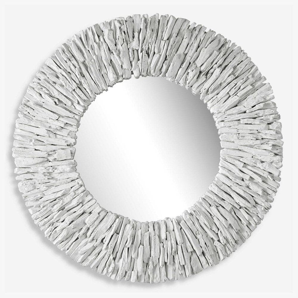 Teak Branch White Round Mirror, shown in white and off-white with teak wood and mirror glass.