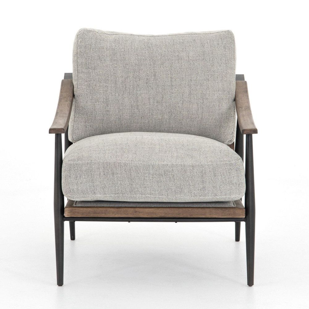 Kingston Chair, shown in light grey and medium brown with fabric, wood, and fixed arms.