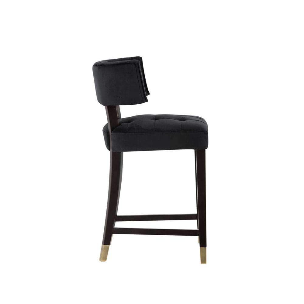 Alternate view of Tatum Counter Stool, featuring tufted finish, velvet upholstery, wood, and footrest bar.