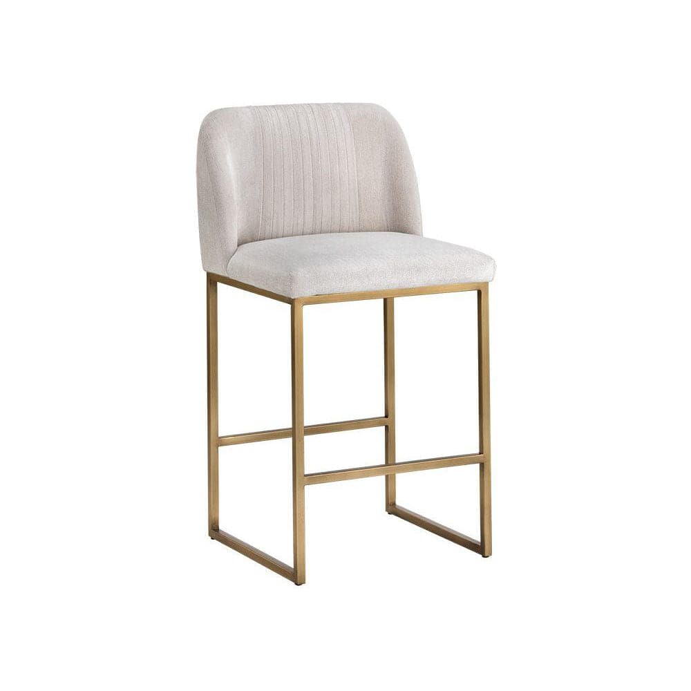 Nevin Counter Stool, shown in light beige and champagne gold with upholstery fabric, metal, and a counter-height seat.