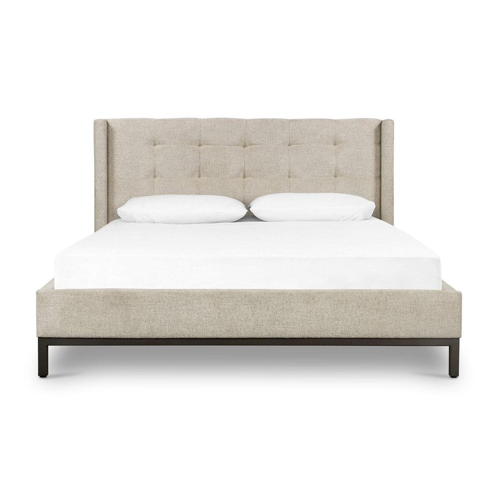 Newton Bed, shown in beige and oatmeal with textured upholstery fabric, polyester blend, and tall winged headboard.