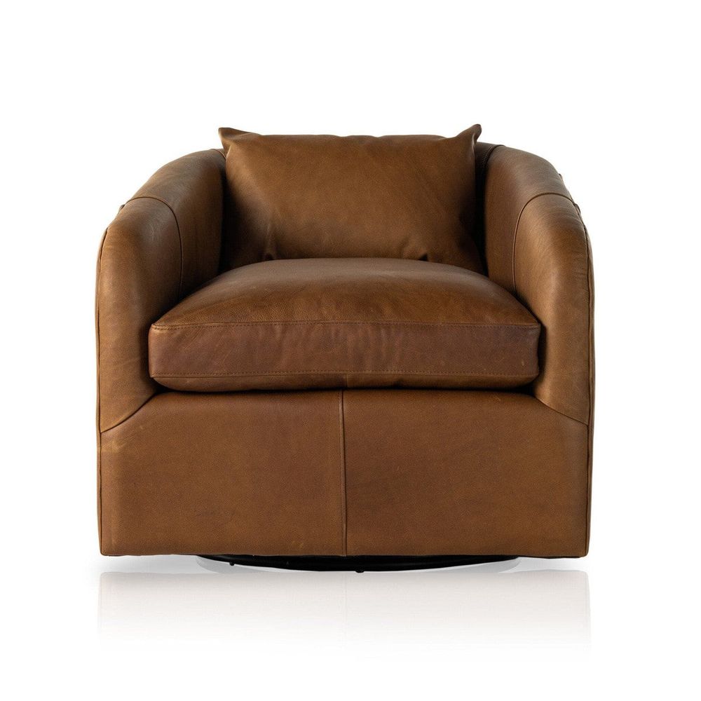 Malibu Swivel Chair, shown in sienna brown and cognac brown with leather, metal, and a swivel base.
