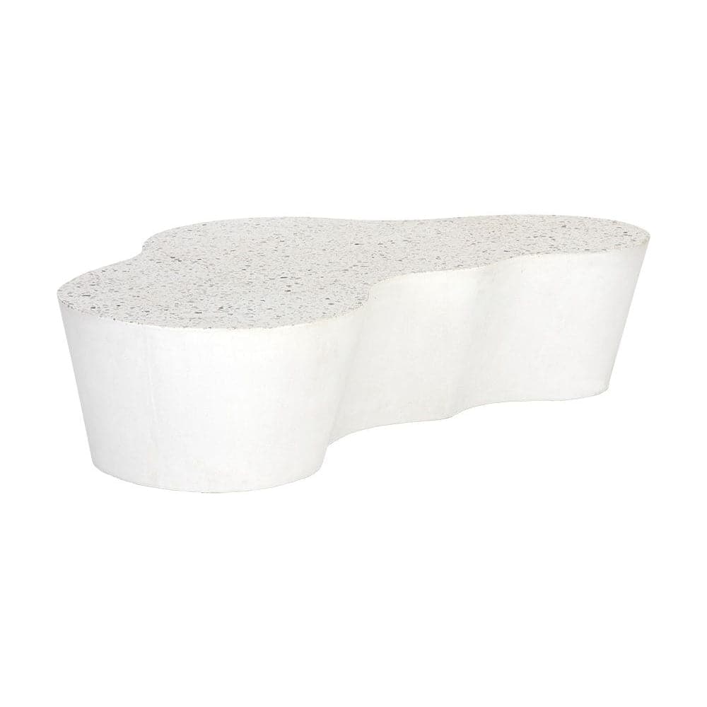 Ava Coffee Table, shown in white and off-white with terrazzo, composite stone, and monolithic solid base with no legs.