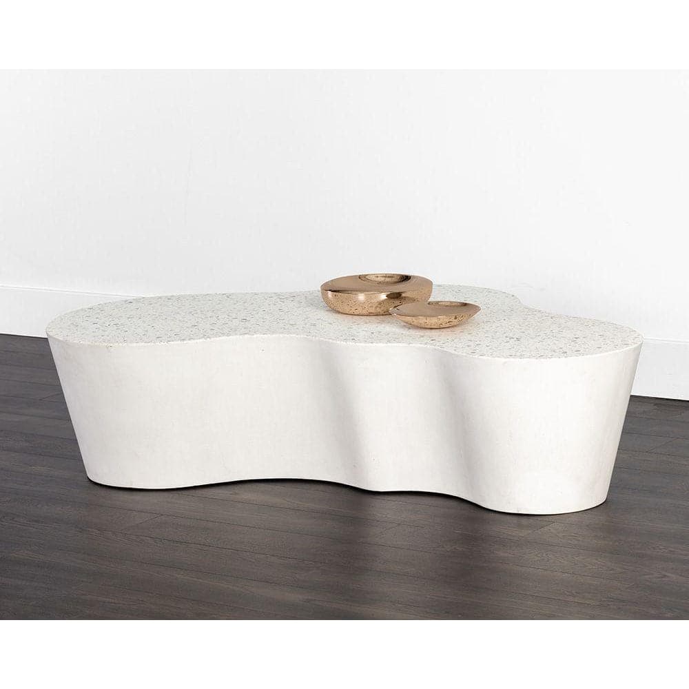 Additional view of Ava Coffee Table in white and off-white, featuring matte finish and monolithic solid base with no legs.