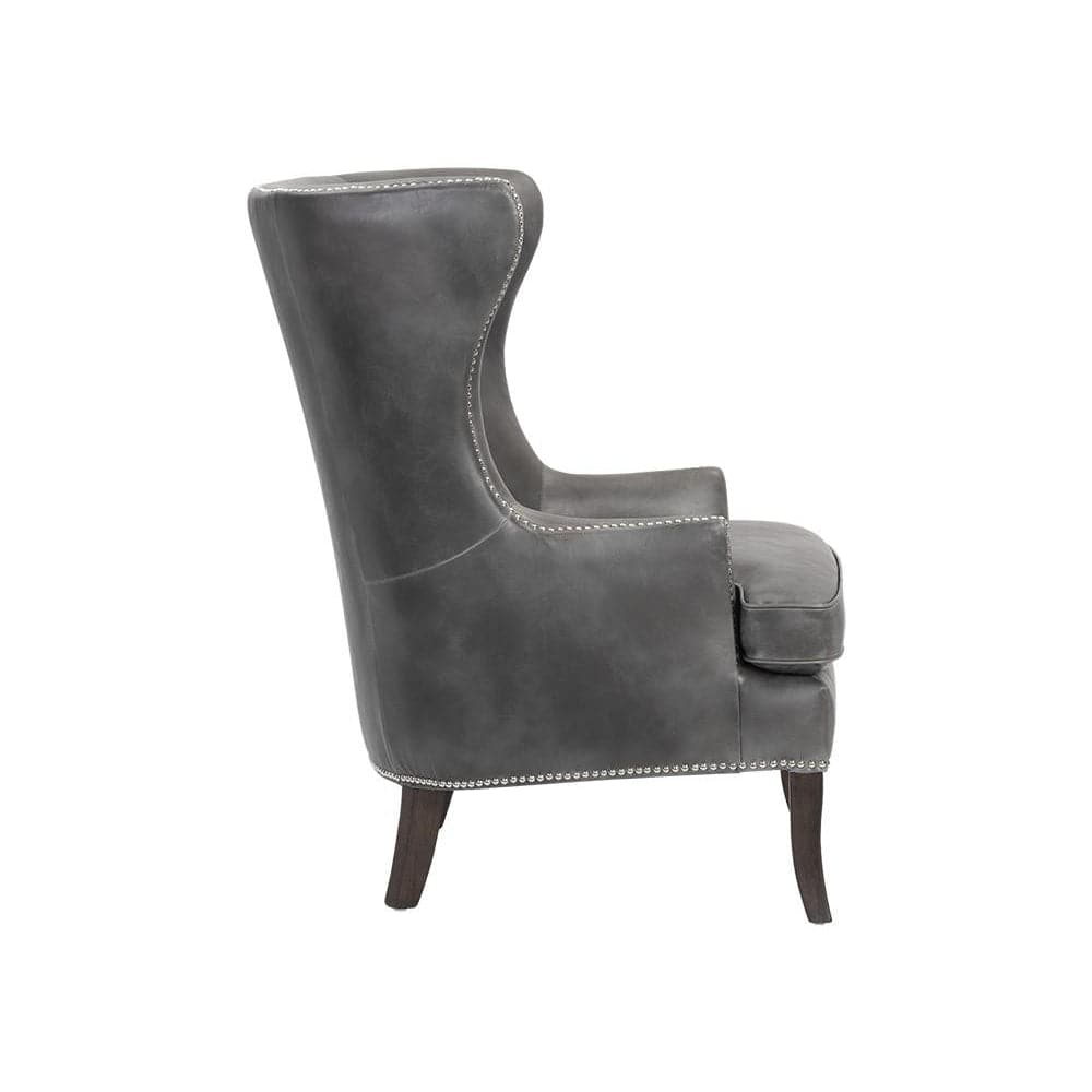 Additional view of Royalton Lounge Chair in gray and dark brown, featuring matte distressed upholstery and fixed arms.