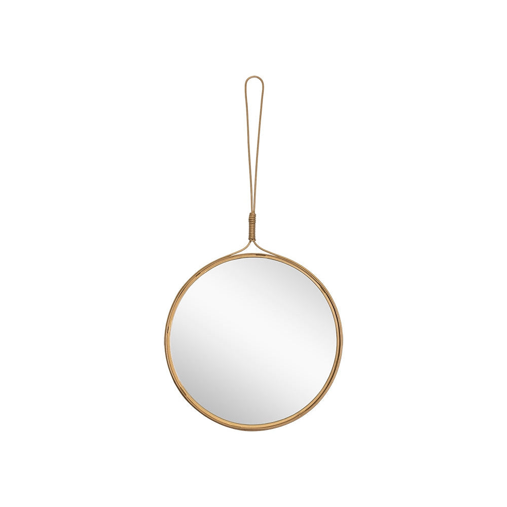 Delia Wall Mirror, shown in gold and clear with metal, glass, and wall-hanging loop strap.