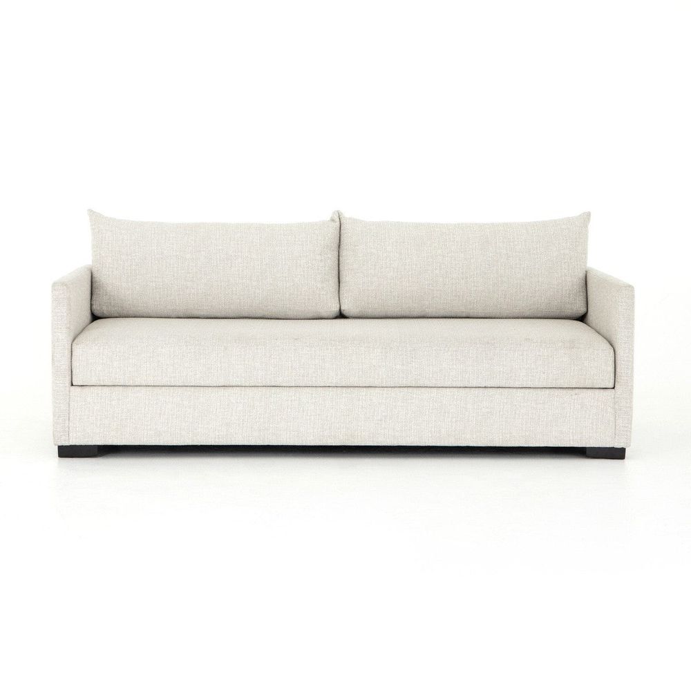 Winston Queen Sofa Bed, shown in light beige and off-white with fabric, wood, and sofa bed / sleeper mechanism.
