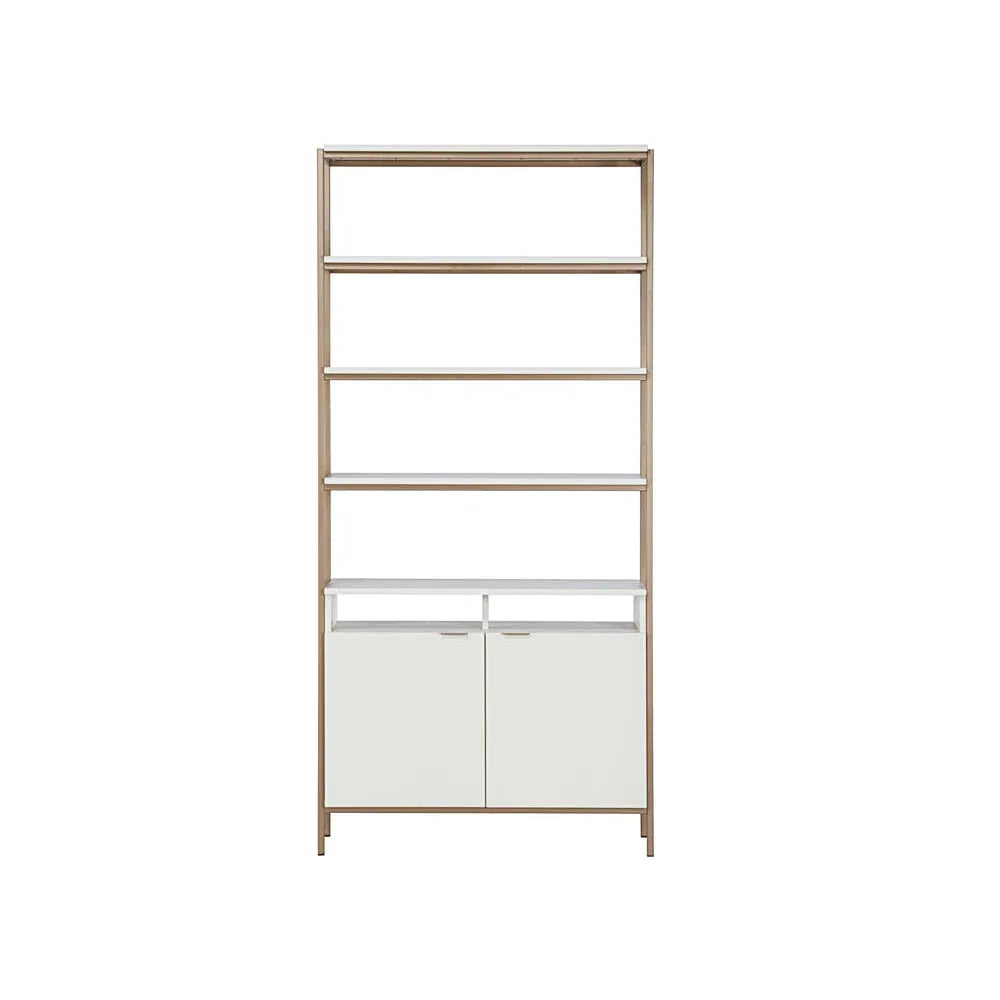 Ambrose Modular Bookcase, shown in cream and champagne gold with iron, oak wood, and five open display shelves.