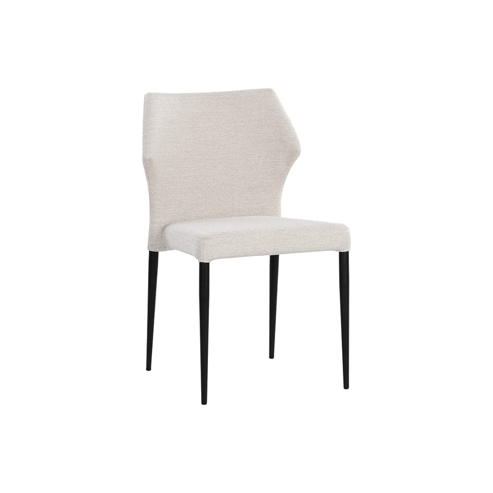 James Stackable Dining Chair, shown in beige and taupe with fabric, vegan leather, and armless.